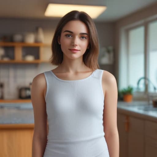 one beautiful young European with preety eyes standing in one pose in the kitchen, ((one standing in one pose)), ((in the simple dress )), very skinny, ,((looking at viewer)), smile, ((pretty eyes)), close-up,, (((in simple clothes)))  hyperrealistic, full body, detailed clothing, highly detailed, cinematic lighting, stunningly beautiful, intricate, sharp focus, f/1. 8, 85mm, (centered image composition), (professionally color graded), ((bright soft diffused light)), volumetric fog, trending on instagram, trending on tumblr, HDR 4K, 8K