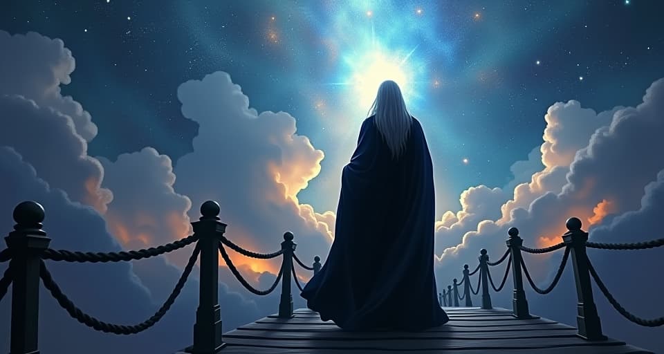  a mystical sage in dark, flowing robes standing on a celestial bridge. his eyes reflect cosmic light as he gazes into the distance, symbolizing transcendent truth and profound insight, otherworldly clarity.. the style is digital art illustration,highly detailed, whimsical,magical, dreamlike atmosphere, realism and fantasy blend, smooth, glossy textures,luminous quality, wonder and enchantment.