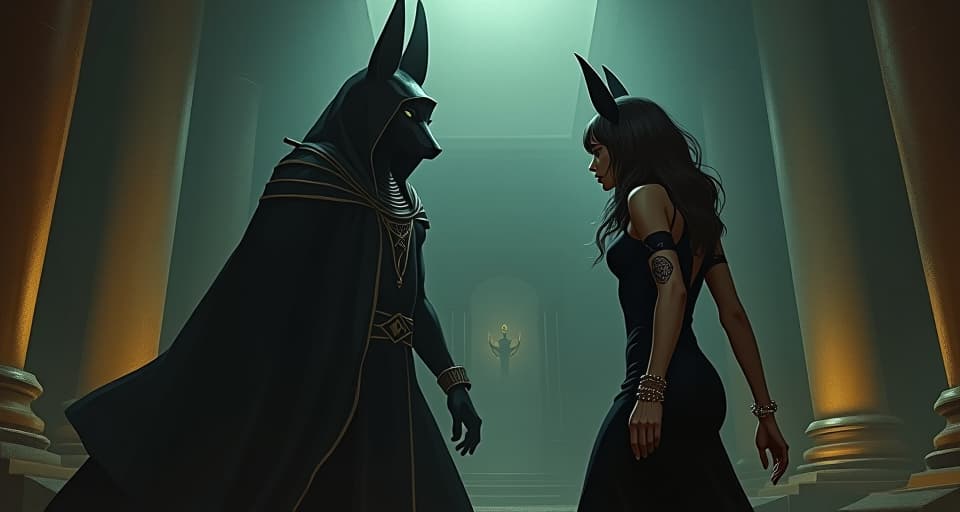  anubis, the jackal headed god, guiding a hooded figure through a dark underworld, large busted sorceress in tight black dress, aura of destiny and mystery. the style is digital art illustration / modern comic book / mysterious occult, symbolic, esoteric vibe,high detail on character design, incorporating ancient egyptian symbology and attire.