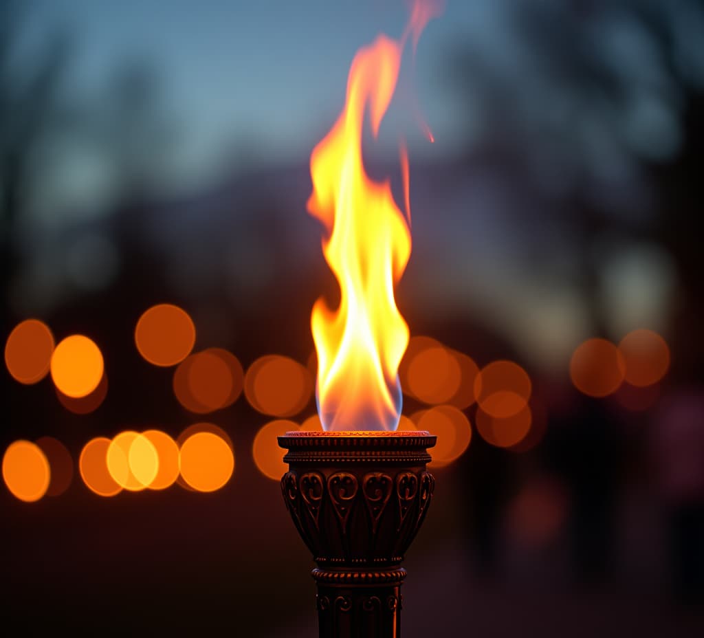  a vibrant flame illuminates a decorative torch, set against a blurred backdrop of evening lights, symbolizing celebration and unity