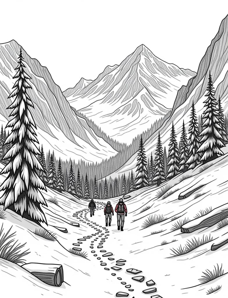  this is for an adult coloring page. a detailed black and white line art of a snowy snow covered valley with a group of hikers walking on a solid white background.