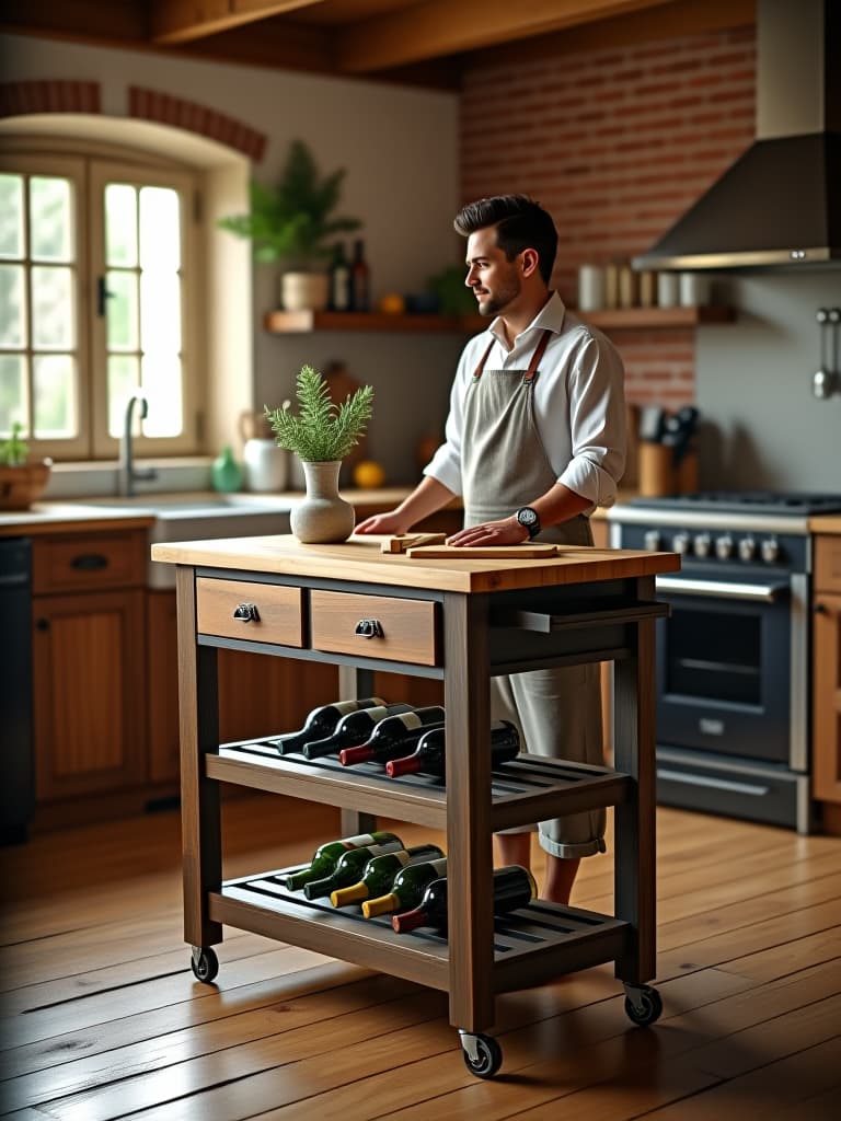  high quality portrait photo of a rustic rolling kitchen cart with a butcher block top, wine rack, and open shelving, positioned in a charming small cottage kitchen with exposed brick walls hyperrealistic, full body, detailed clothing, highly detailed, cinematic lighting, stunningly beautiful, intricate, sharp focus, f/1. 8, 85mm, (centered image composition), (professionally color graded), ((bright soft diffused light)), volumetric fog, trending on instagram, trending on tumblr, HDR 4K, 8K