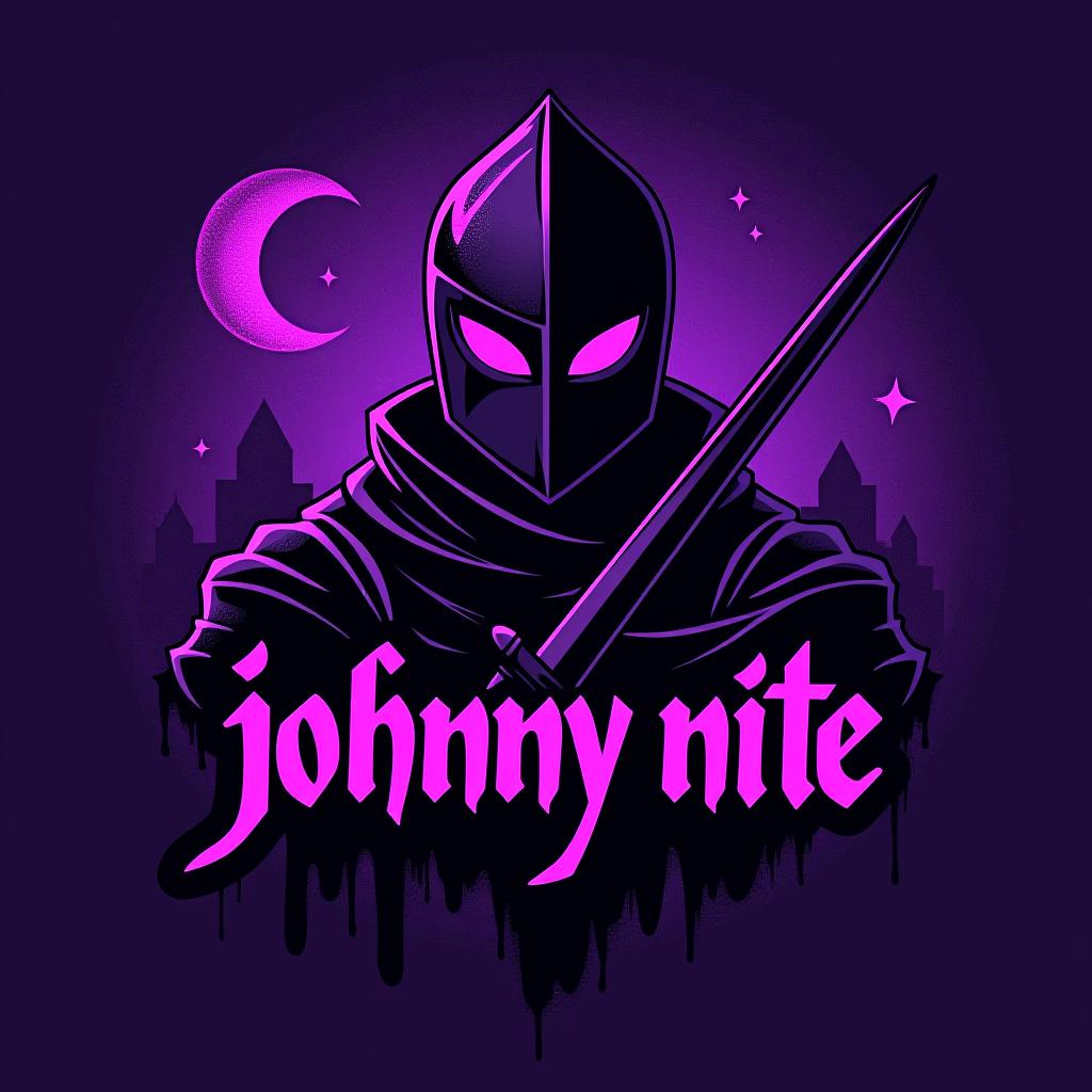  design a logo, in a surrealism style. knight graffiti purple and black, with the text 'johnny nite'.