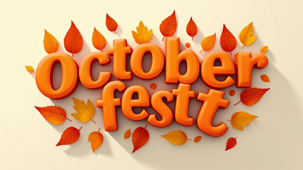  3d text "octoberfest " made of orange leaves , on a light background, in vibrant colors, in the style of a cartoon, with simple shapes, in a flat design, as digital art, bright color scheme ar 16:9 {prompt}, maximum details