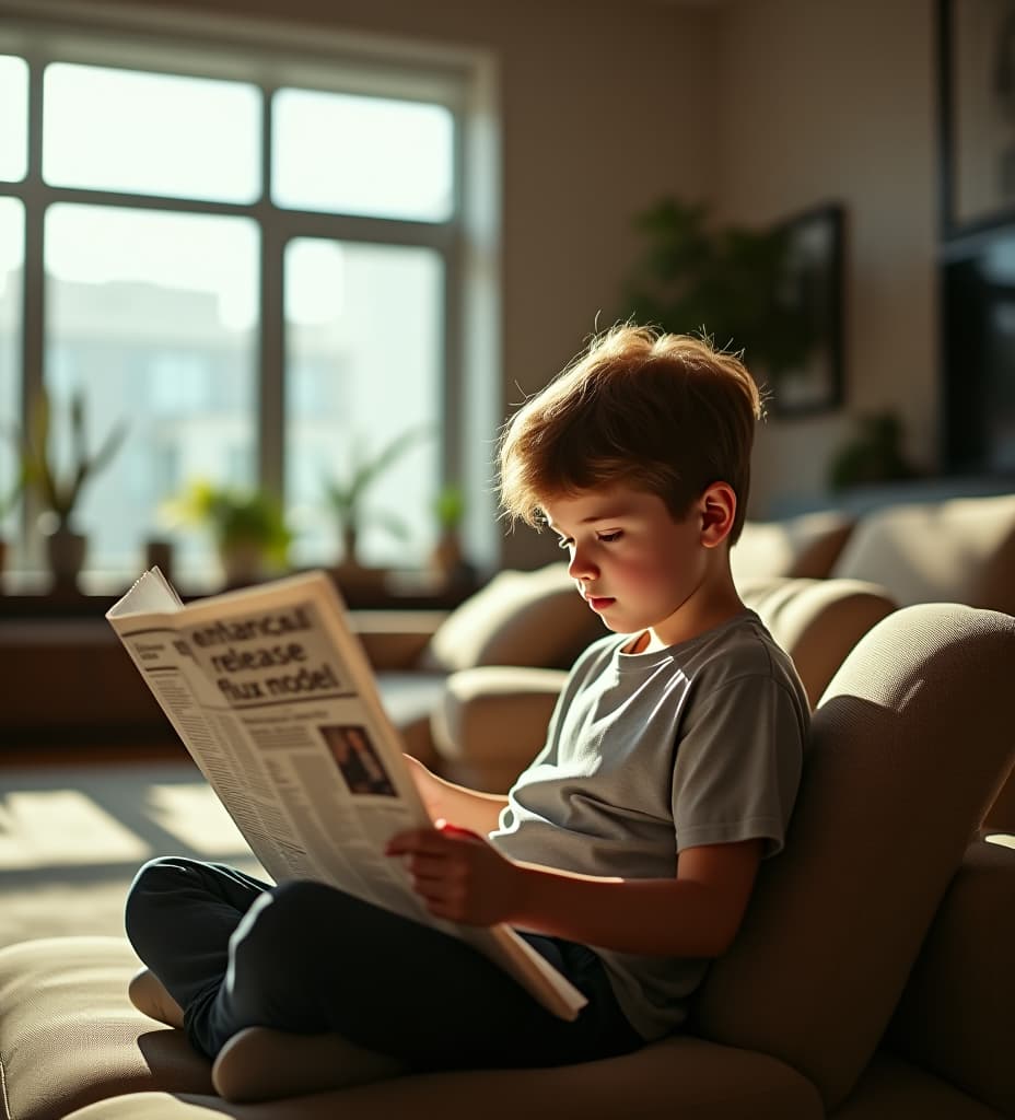  inside a modern living room, a boy reads a newspaper with the headline 'enhanceai release flux model'. the room is stylishly furnished, and sunlight pours in from large windows, highlighting the boy's concentration.