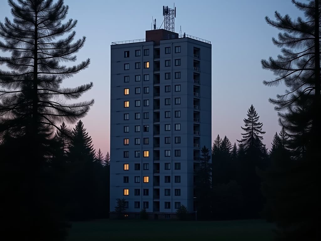  a tall building of a soviet research institute in the brutalist style of the 70s 80s, late in the clear summer evening in a dense pine forest, dim lights in some windows, antennas on the roof