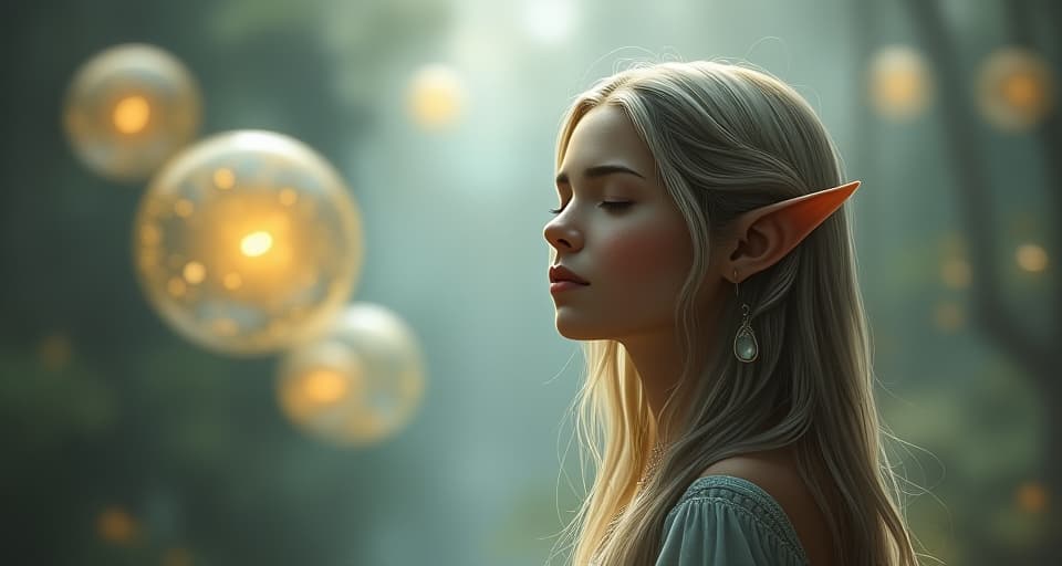  close up of a serene elf, eyes closed and expression calm, standing in an ethereal landscape with floating, glowing orbs, signifying the realization of a greater purpose.. the style is digital art illustration,highly detailed, whimsical,magical, dreamlike atmosphere, realism and fantasy blend, smooth, glossy textures,luminous quality, wonder and enchantment.