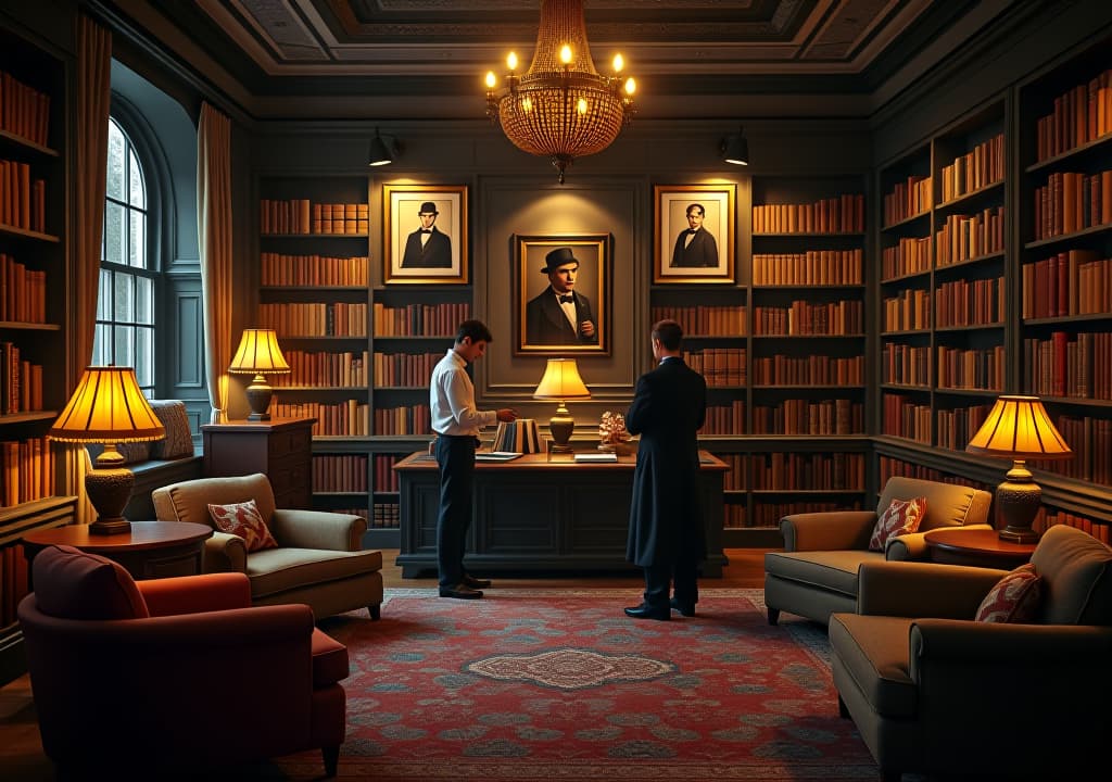  an inviting scene inside the arthur conan doyle room, featuring victorian era furnishings, shelves lined with books, and framed illustrations of sherlock holmes, with visitors browsing the collection and enjoying the immersive, sherlockian atmosphere., in the style of photorealistic hyperrealistic, full body, detailed clothing, highly detailed, cinematic lighting, stunningly beautiful, intricate, sharp focus, f/1. 8, 85mm, (centered image composition), (professionally color graded), ((bright soft diffused light)), volumetric fog, trending on instagram, trending on tumblr, HDR 4K, 8K