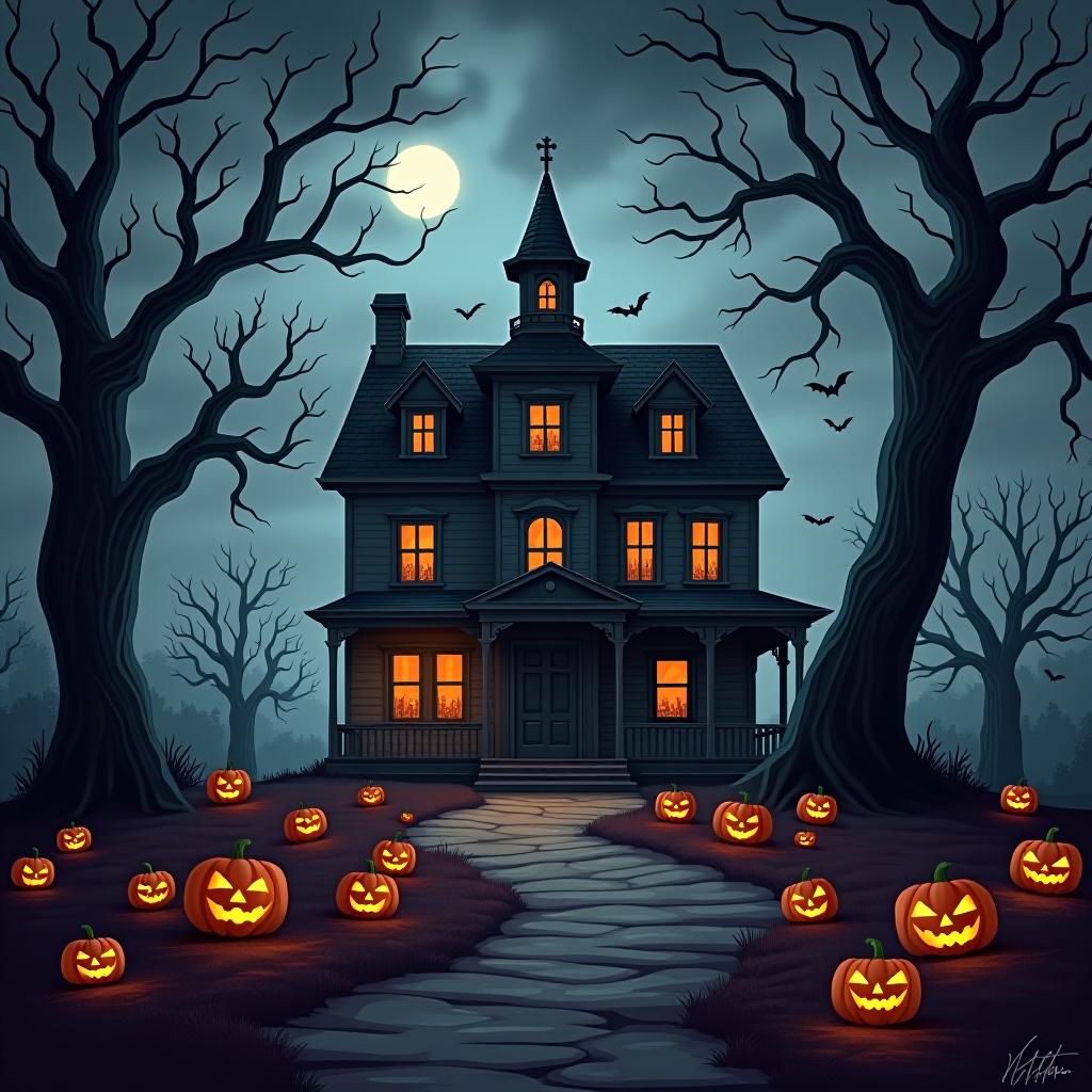  create a seamless digital painting of a spooky, halloween themed scene featuring a haunted house with gothic architecture. the house should be surrounded by twisted, gnarled trees and a multitude of jack o' lanterns. the scene should include a dark, cloudy sky to enhance the eerie atmosphere. the overall style should be detailed and atmospheric, capturing the essence of a haunted, creepy environment perfect for halloween, ensuring the design is seamless for use in repeating patterns or wraps.