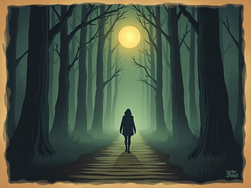  pathway through misty forest, glowing orbs of light, figure walking ahead, unknown journey, hopeful. an illustration in the style of a worn, mystical old tarot trump card, mysterious and elements of surrealism. the colors are muted, somber and eerie, but with contrast bring out an occult and esoteric vibe.