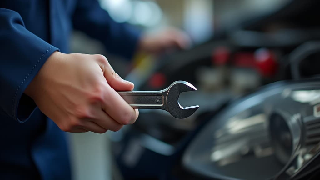  mechanic is holding wrench in the hand, repair service at car workshop garage