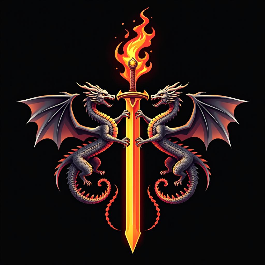  design a logo, custom sticker design on an isolated black background decorated by mythical dragons and a flaming sword