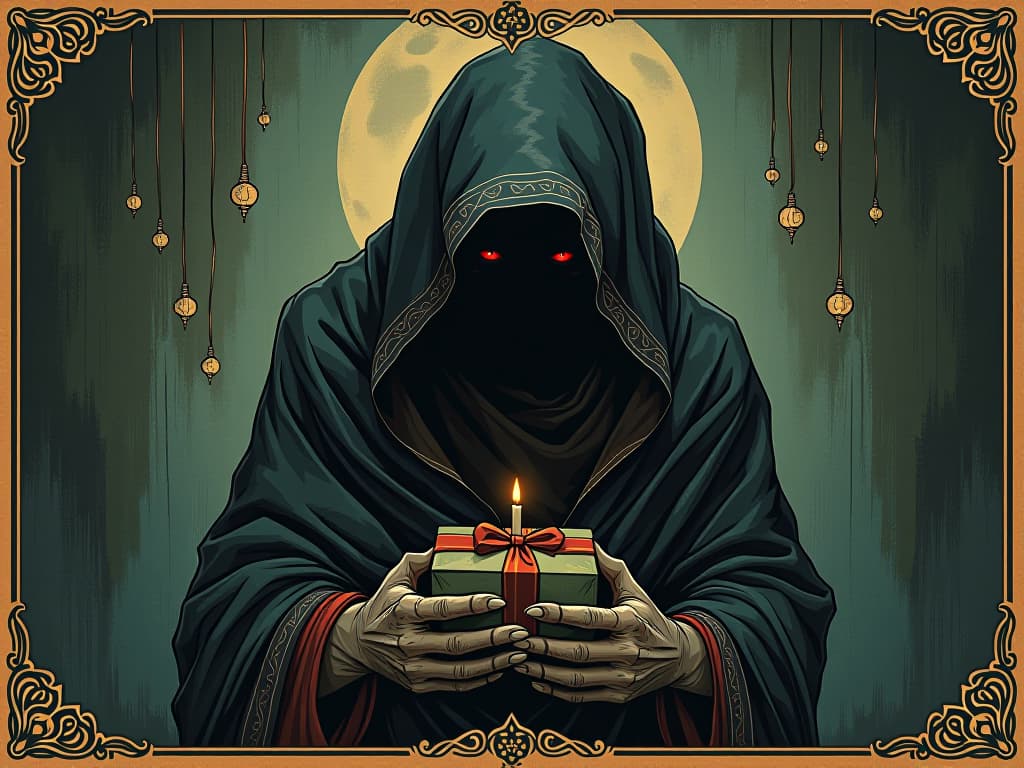  gifts bearing emotional turmoil, dark and tangible shadow, oppressive gloom, subtle malevolence. an illustration in the style of a worn, mystical old tarot trump card, mysterious and elements of surrealism. the colors are muted, somber and eerie, but with contrast bring out an occult and esoteric vibe.