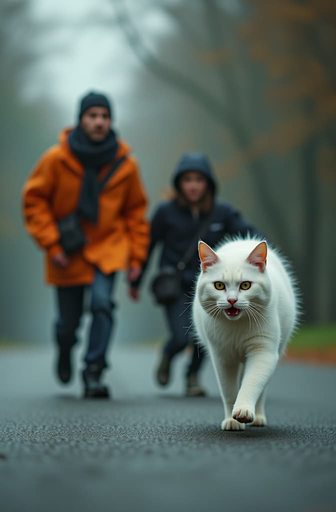  zombie cat and people's male and female running in road with angry face white cat and his fa hyperrealistic, full body, detailed clothing, highly detailed, cinematic lighting, stunningly beautiful, intricate, sharp focus, f/1. 8, 85mm, (centered image composition), (professionally color graded), ((bright soft diffused light)), volumetric fog, trending on instagram, trending on tumblr, HDR 4K, 8K