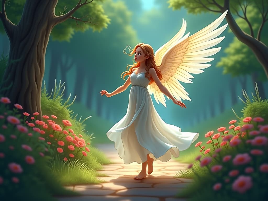  a serene angel in translucent attire, guiding a luminous path through an enchanted garden, symbolizing ease and grace in navigation. ethereal, serene, guiding.. the style is digital art illustration,highly detailed, whimsical,magical, dreamlike atmosphere, realism and fantasy blend, smooth, glossy textures,luminous quality, wonder and enchantment.