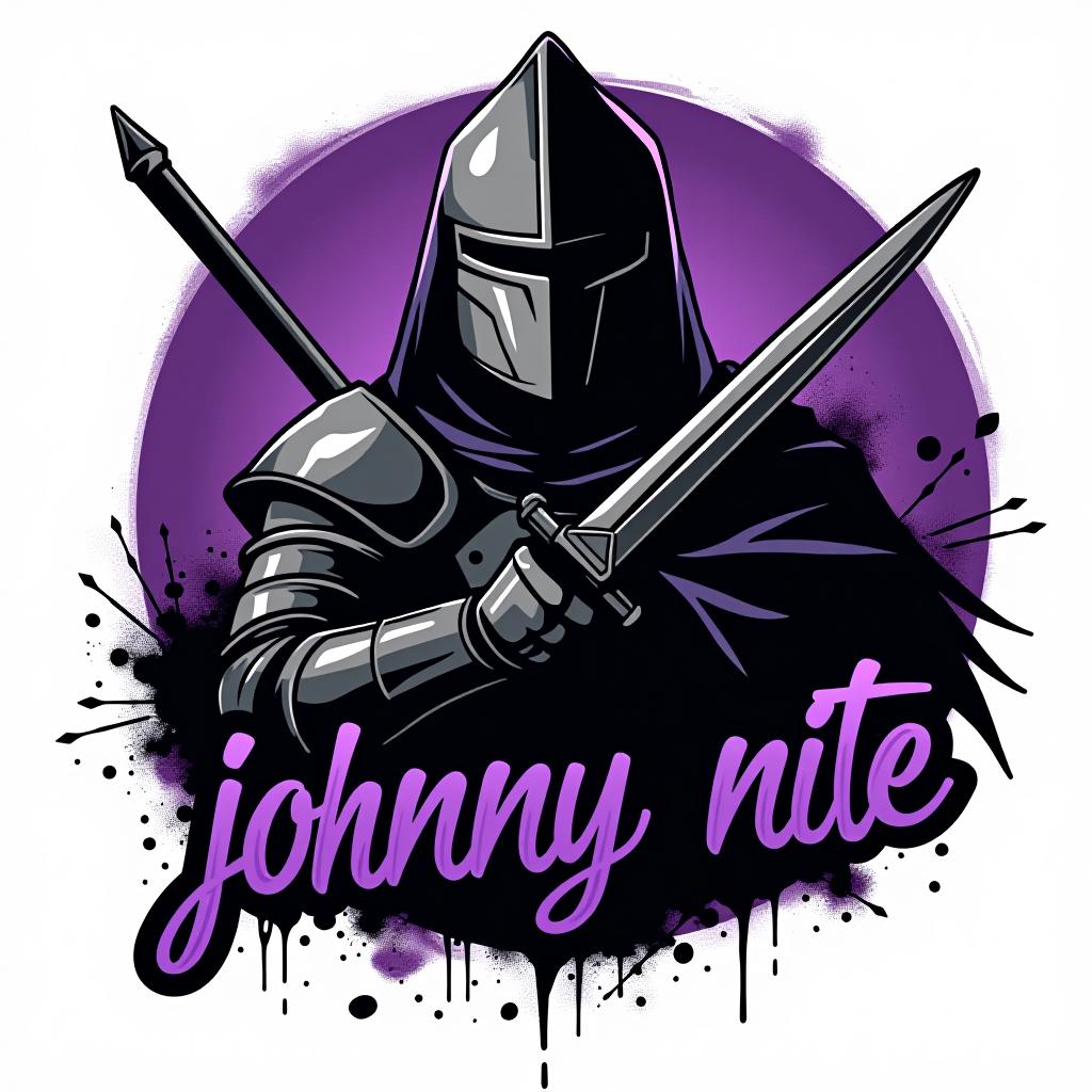  design a logo, in a realism style. knight black and purple graffiti, with the text 'johnny nite '.