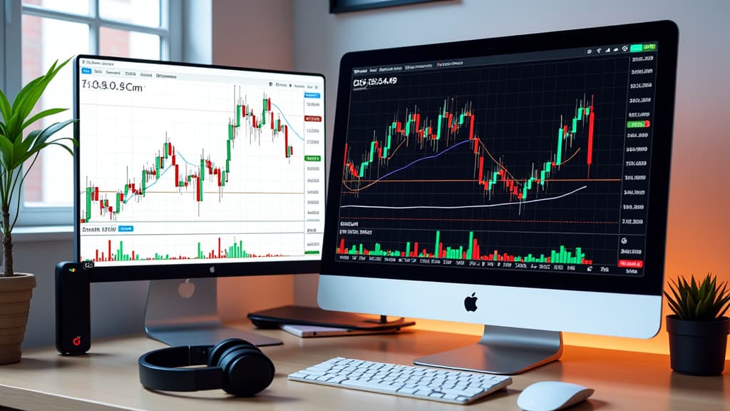  contour, very simple image in one unbroken black ink line, single line of fleetstreet.k, a subsidiary of foot group, showcases cavis, lage tv, and timbuk tabletop on the monitor screen of stock market charts. the left side is a high resolution digital painting with detailed financial graphs, while the right features colorful trading chart lines and numbers in black text. a desk setting includes headphones and an imac computer, all illuminated by soft ambient lighting. ar 16:9 using a single continuous black line ink brushon white background, drawing should be created without lifting the pen, recognizable features of fleetstreet.k, a subsidiary of foot group, showcases cavis, lage tv, and timbuk tabletop on the monitor screen of stock mark