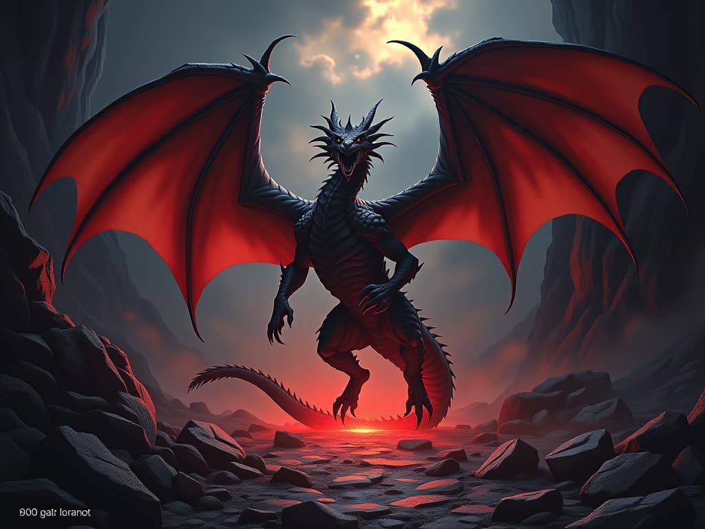  a dragon breaking free from its chains, wings unfurling, majestic and powerful. crumbling dungeon, twilight, liberation, genuine growth.. the style is dark fantasy and mysterious occult, symbolic, moody lighting, esoteric vibe,high detail on character design. for the color scheme emphasize blacks and reds.