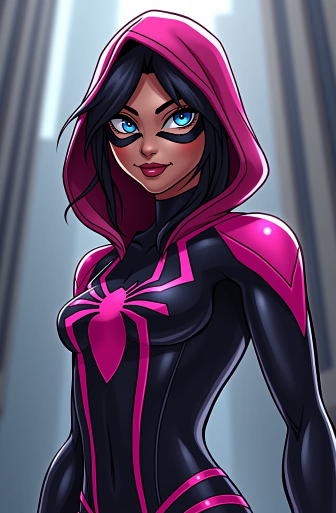  spiderwoman, mexican, suit is black and pink, tall, hood, mask on, marvel comic panel, dc animated comic panel, comic panel, manga and manhwa style panel, portrait, young person face, style for marvel comic, anime comic panel style hyperrealistic, full body, detailed clothing, highly detailed, cinematic lighting, stunningly beautiful, intricate, sharp focus, f/1. 8, 85mm, (centered image composition), (professionally color graded), ((bright soft diffused light)), volumetric fog, trending on instagram, trending on tumblr, HDR 4K, 8K