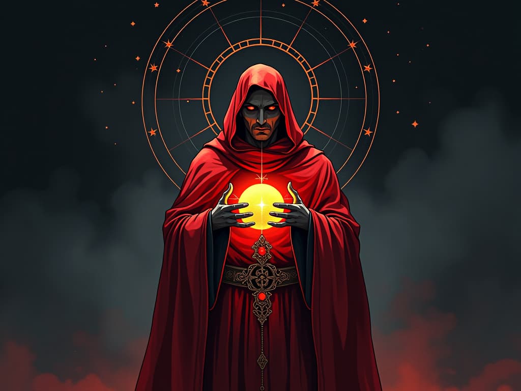  chosen one in red ceremonial garb, holding glowing orb, stars aligned above, feeling of divine ordination. the style is digital art illustration / modern comic book / graphic dark novel fantasy and mysterious occult, symbolic, moody lighting, esoteric vibe,high detail on character design. for the color scheme emphasize blacks and reds.