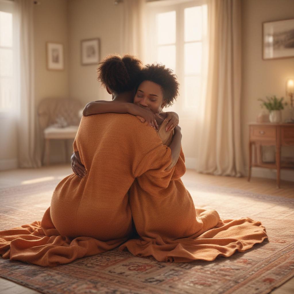 ((masterpiece)),(((best quality))), 8k, high detailed, ultra detailed, European woman and African woman hugging in a room, sisterly bond, cozy rug on the floor, warm color palette hyperrealistic, full body, detailed clothing, highly detailed, cinematic lighting, stunningly beautiful, intricate, sharp focus, f/1. 8, 85mm, (centered image composition), (professionally color graded), ((bright soft diffused light)), volumetric fog, trending on instagram, trending on tumblr, HDR 4K, 8K