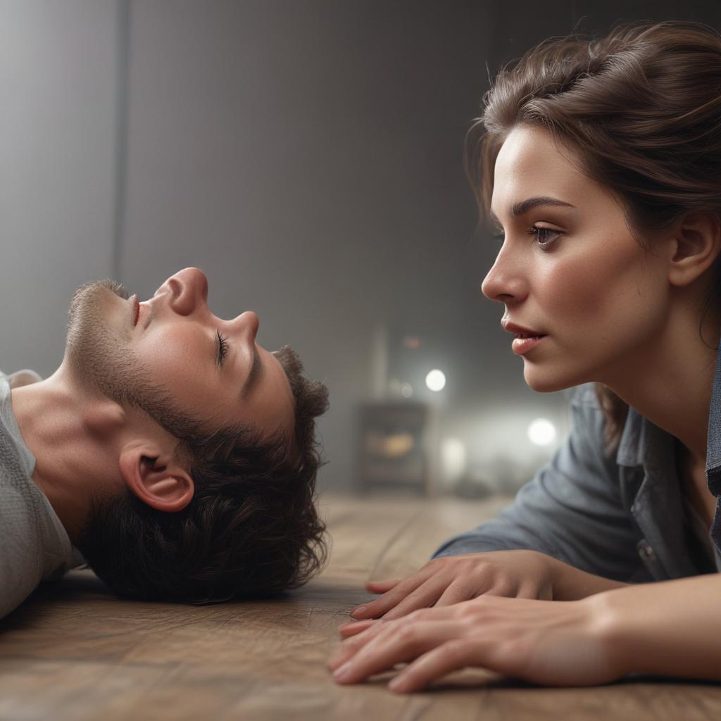 ((masterpiece)),(((best quality))), 8k, high detailed, ultra detailed, A man lying on the floor face up, a woman lying on top of the man, (subtle facial expressions) hyperrealistic, full body, detailed clothing, highly detailed, cinematic lighting, stunningly beautiful, intricate, sharp focus, f/1. 8, 85mm, (centered image composition), (professionally color graded), ((bright soft diffused light)), volumetric fog, trending on instagram, trending on tumblr, HDR 4K, 8K