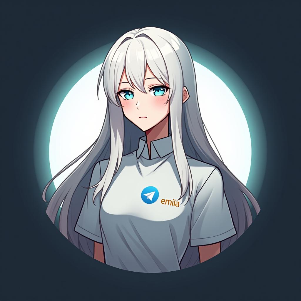  create an image of a character inspired by emilia from re:zero, featuring long white hair and an elegant appearance. the character should be wearing a shirt with the telegram logo, embodying peace and serenity. the design should be simple with a minimalistic background, and include the name 'emilia' in a stylish font