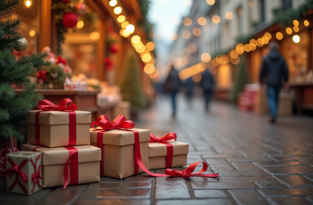  a lot of gifts in brown wrapping and red ribbon standing on the ground, garland, blur xmas market on the background, festive {prompt}, maximum details