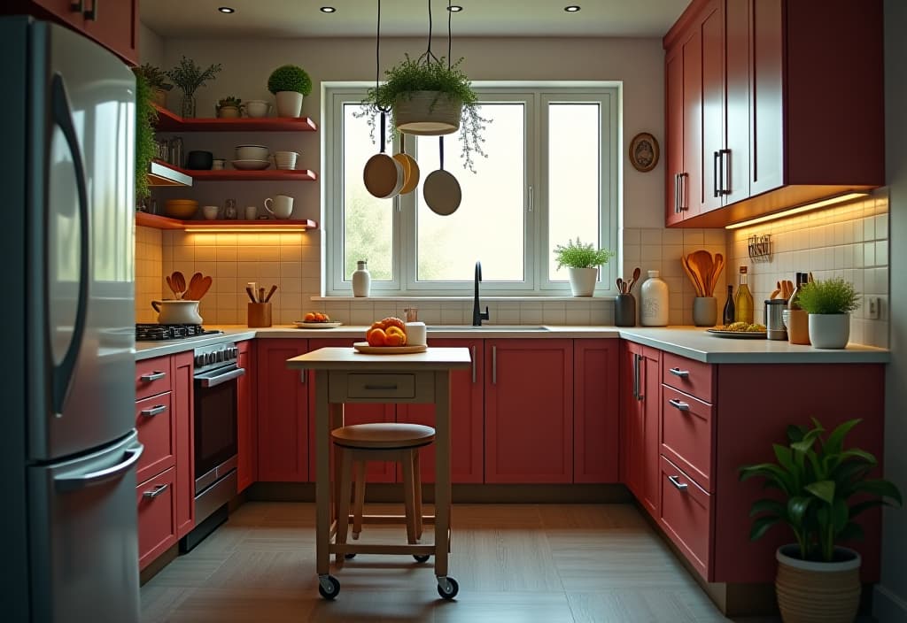  a landscape photo of a small kitchen with a fold down table, hanging pot rack, and a rolling kitchen island, showcasing clever space saving solutions and a pop of vibrant color hyperrealistic, full body, detailed clothing, highly detailed, cinematic lighting, stunningly beautiful, intricate, sharp focus, f/1. 8, 85mm, (centered image composition), (professionally color graded), ((bright soft diffused light)), volumetric fog, trending on instagram, trending on tumblr, HDR 4K, 8K