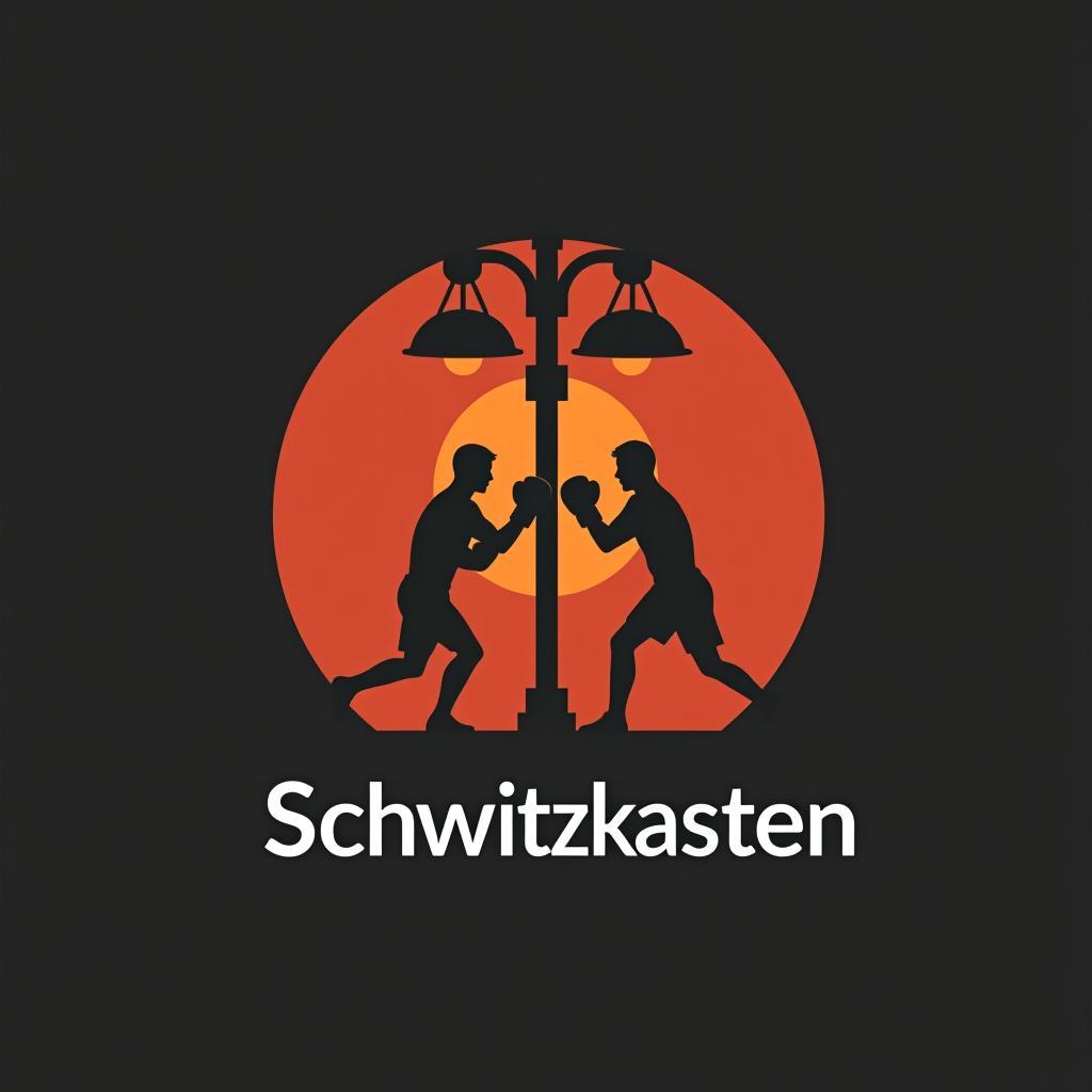  design a logo, in a minimalism style. zwei deutsche boxkämpfer im kampf unter dem eichenbaum, with the text 'schwitzkasten'.