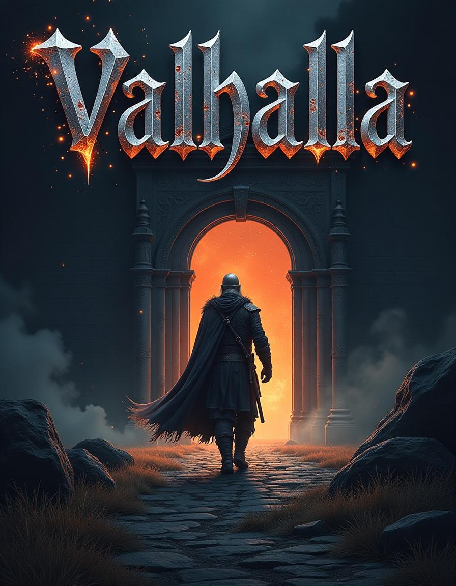  comic a high quality t shirt design with intricate details embodying the essence of dark, bloody metal music, with the name "valhalla" highlighted in bold gothic font in silver color, decorated with thin fiery sparks, on a dark gradient black background that transitions from deep, saturated black to dark cold gray at the top.in the center of the image is a cool adult viking walking towards you. in the background is the entrance to valhalla, cinematic, overly detailed, visually saturated concept art, bright, dimly lit dark environment, complex details, delicate colors, exceptional detail, ultra precise focus, particles of a lot of light, attention to detail, grandeur and awe, stunning visual masterpiece, double exposure, clear contours, cine