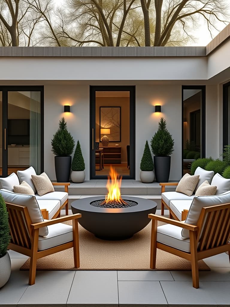  high quality portrait photo of a modern scandinavian inspired patio featuring clean lines, light wood furniture, cozy textiles, and potted evergreens, with a sleek fire pit as the centerpiece, captured in soft morning light hyperrealistic, full body, detailed clothing, highly detailed, cinematic lighting, stunningly beautiful, intricate, sharp focus, f/1. 8, 85mm, (centered image composition), (professionally color graded), ((bright soft diffused light)), volumetric fog, trending on instagram, trending on tumblr, HDR 4K, 8K