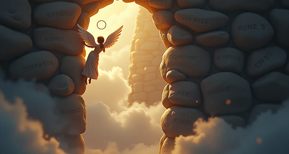  angelic figure climbing the bright walls, each stone engraved with runes. magical aura of transformation and rise.. the style is digital art illustration,highly detailed, whimsical,magical, dreamlike atmosphere, realism and fantasy blend, smooth, glossy textures,luminous quality, wonder and enchantment.