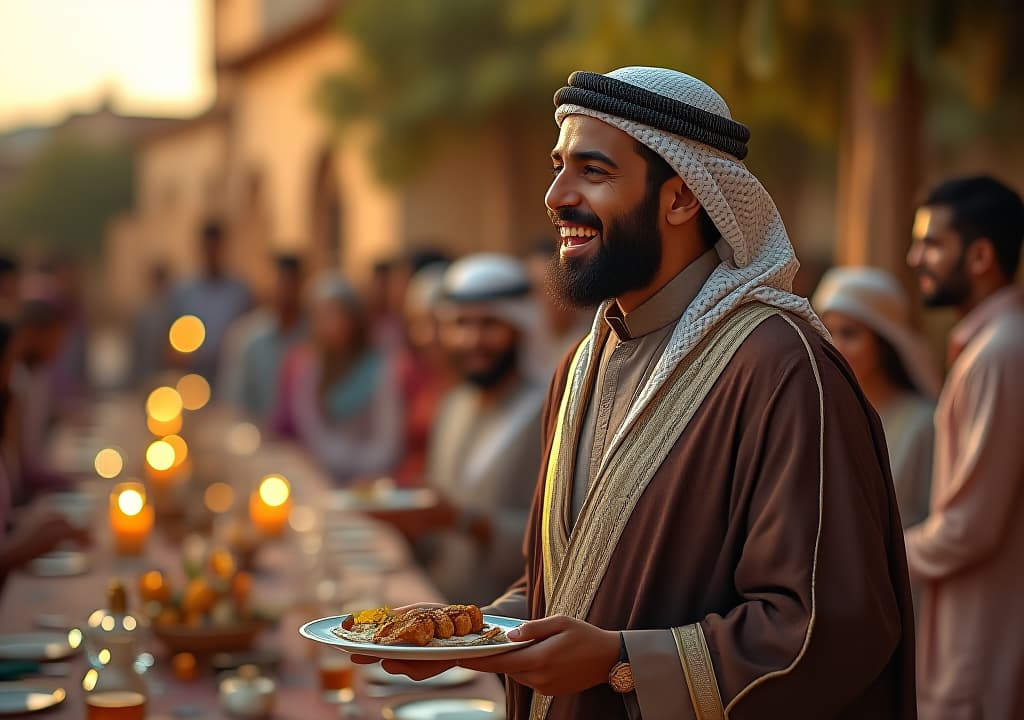  a portrait of an arab singer wearing a traditional morrocan cloths, in a family gathering in an outdoor setting, family setting up tables, carrying plates with joy, for iftar of ramadan in an enchanting family joyful atmosphere with morroco landmark in the background, high quality, high details, hd, perfect composition, 4k epic detailed, highly detailed, sharp focus, high resolution