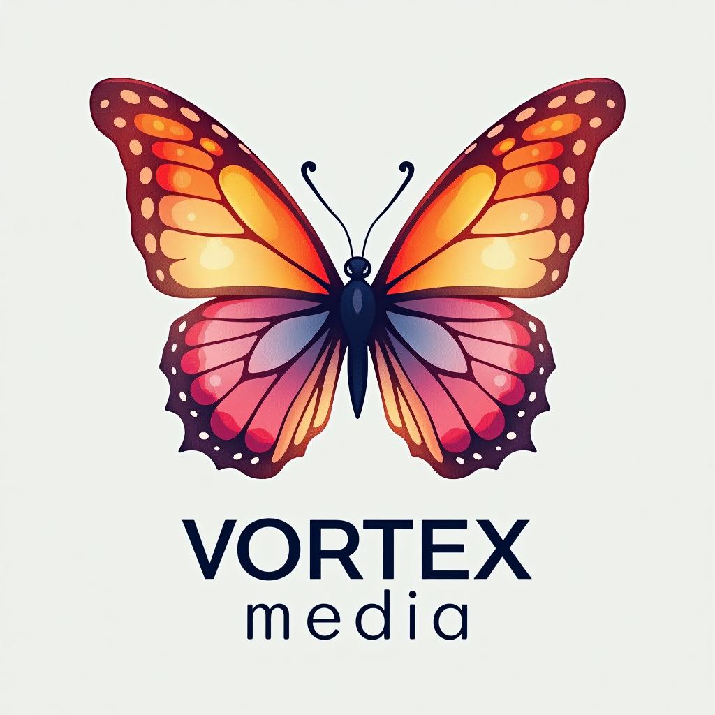  design a logo, watercolor style, logo of a butterfly, beautiful colors, with the text 'vortex media'.