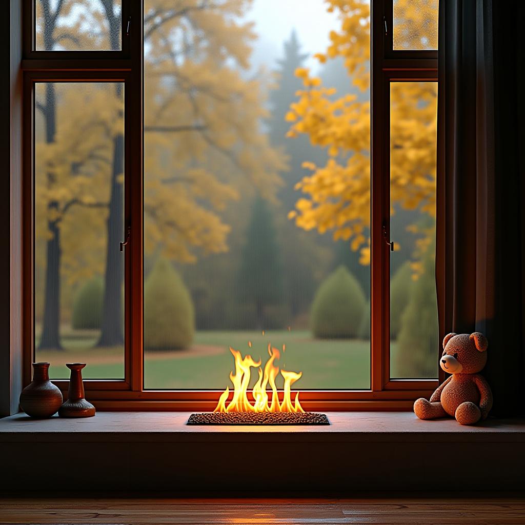  a warm and cozy fireplace with a flame made of white stone against the backdrop of a large window, behind which it is raining, autumn, and yellow leaves.