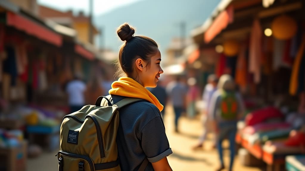  young traveling backpacker in road outdoor market