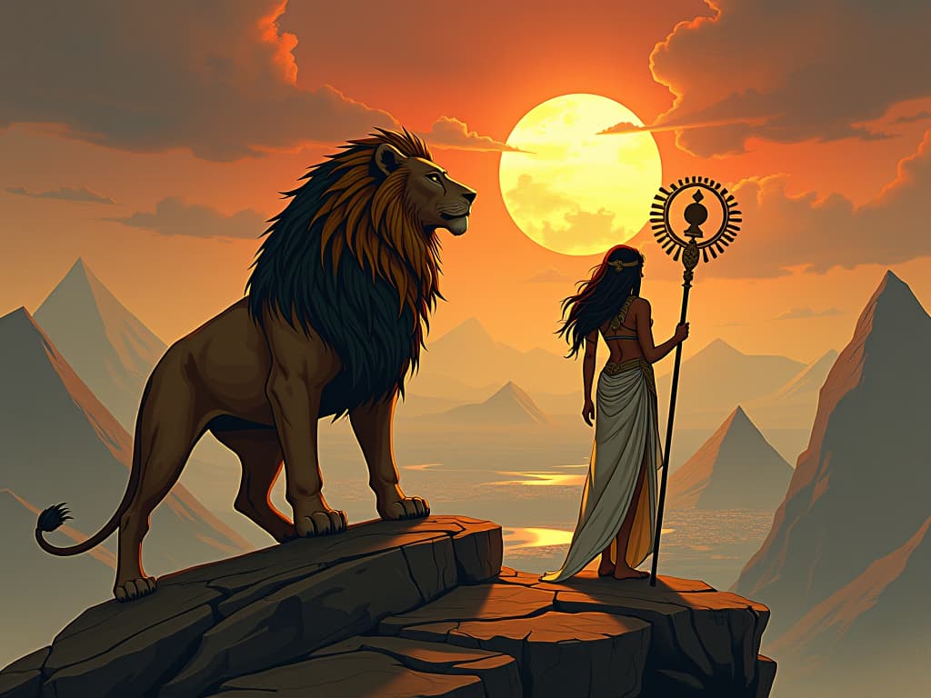  a majestic lion with a sun disk above its head, large busted woman with a staff, standing on a mountain peak, overlooking a vast kingdom, aura of power and royalty. the style is digital art illustration / modern comic book / mysterious occult, symbolic, esoteric vibe,high detail on character design, incorporating ancient egyptian symbology and attire.