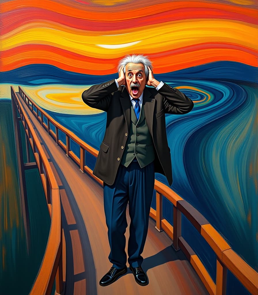  abstract expressionist painting masterpiece. (painting. the painting “the scream” by norwegian expressionist painter edvard munch. (albert einstein:1.5) standing on a bridge with surprised eyes, and open mouth, and sticking out his tongue, and with his hands around his ears and head from surprise:1.5). (intense close up:1.5). highly detailed strokes, clarity. surrealism, fantasy, expressionism. (style of artist edvard munch:1.5.) . energetic brushwork, bold colors, abstract forms, expressive, emotional hyperrealistic, full body, detailed clothing, highly detailed, cinematic lighting, stunningly beautiful, intricate, sharp focus, f/1. 8, 85mm, (centered image composition), (professionally color graded), ((bright soft diffused light)), volumetric fog, trending on instagram, trending on tumblr, HDR 4K, 8K