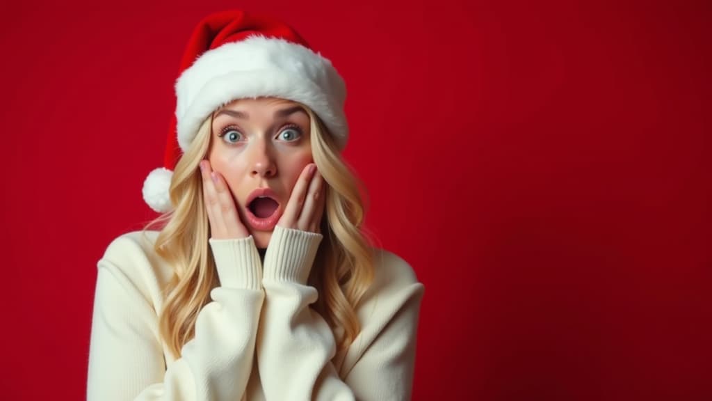  professional detailed photography, on the left full length young blond woman surprised, looking at camera, her hands near the face. santas hat on a head, light warm sweater, red background. on the right free space for text ar 16:9, (muted colors, dim colors, soothing tones), (vsco:0.3)