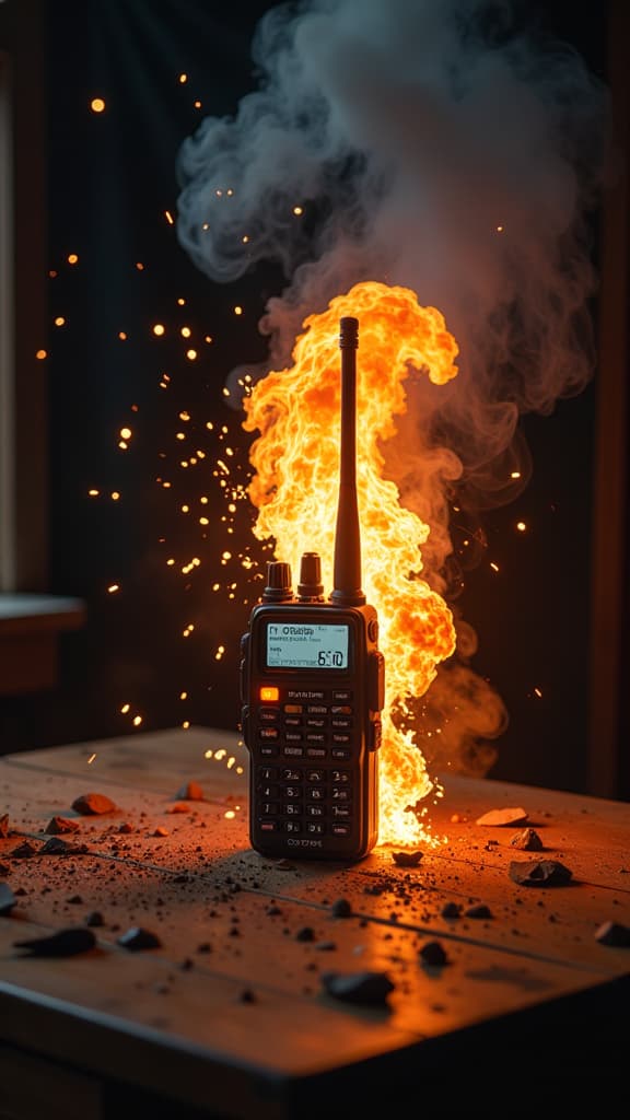  a walkie talkie sits on a wooden table, surrounded by shards of plastic and debris, as it erupts in a burst of bright orange and yellow flames. the explosion sends small sparks flying into the air, illuminating the darkened room with a dramatic glow. smoke billows outwards, creating a dense, swirling atmosphere. the scene captures the chaos and intensity of the moment, with the aftermath littered with singed pieces and glowing embers.