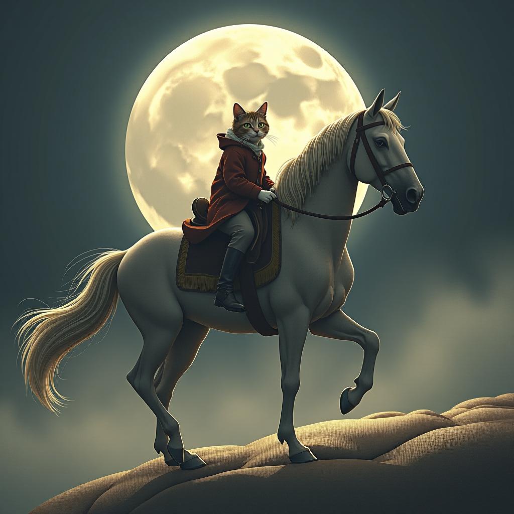  a cat riding a horse, hand drawn, on the moon, studio light, hdr 4k hyperrealistic, full body, detailed clothing, highly detailed, cinematic lighting, stunningly beautiful, intricate, sharp focus, f/1. 8, 85mm, (centered image composition), (professionally color graded), ((bright soft diffused light)), volumetric fog, trending on instagram, trending on tumblr, HDR 4K, 8K