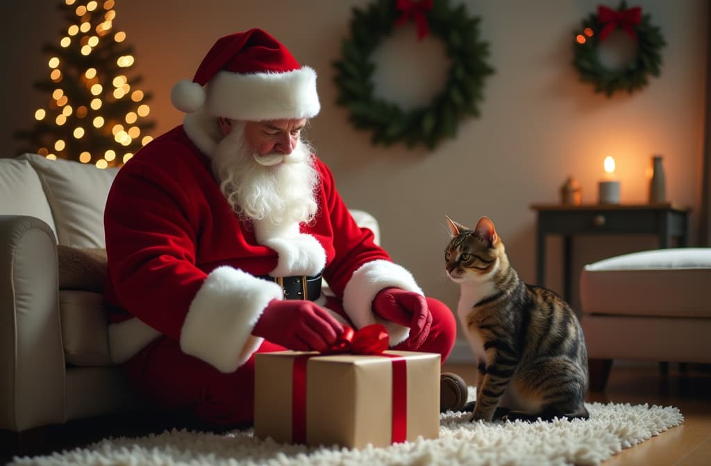  advertising style, stock photo, corporate branding style santa wraps presents in the living room. a cat sits nearby. in the background are lights, a christmas tree, and a wreath. ar 3:2 . professional, clean, modern, product focused, commercial, eye catching, minimalist, business oriented, highly detailed