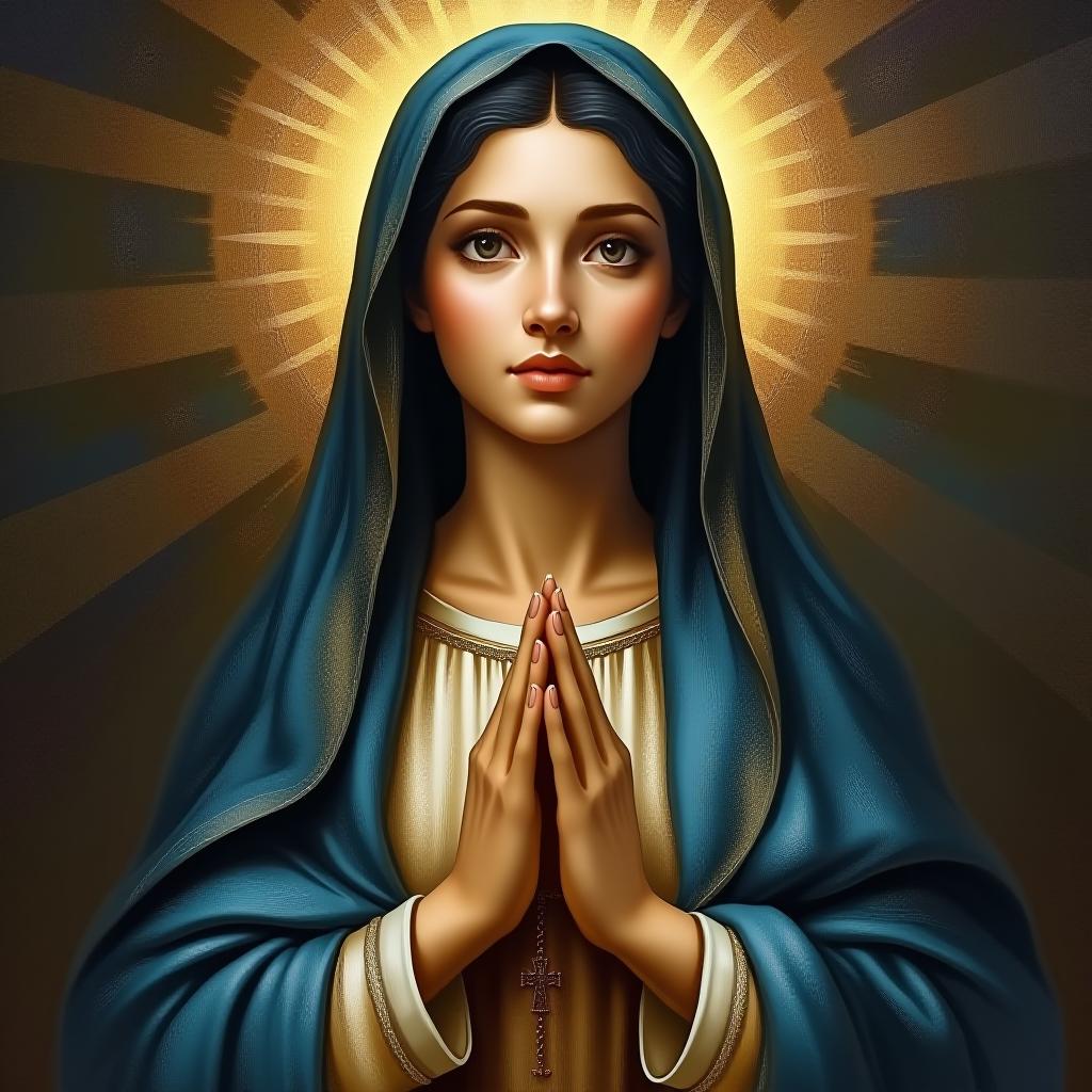  create an image of the blessed mary with black hair, a blue mantle, holding a rosary, and styled as sacred art, award winning, professional, highly detailed, masterpiece