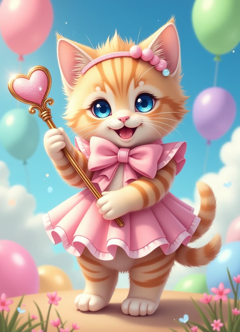  a playful kitten wearing a frilly catgirl cosplay with a huge bow tied around its neck. its ears are oversized and perky, sitting atop a headband with glittery pom poms. long lashes flutter over bright blue eyes. a cute nose and mouth are surrounded by rosy cheeks. delicate hands grasp a scepter topped with a sparkling heart. the kitten is balanced on its hind legs, one leg crossed over the other. its tail swishes behind it. the background features colorful balloons floating in the sky.