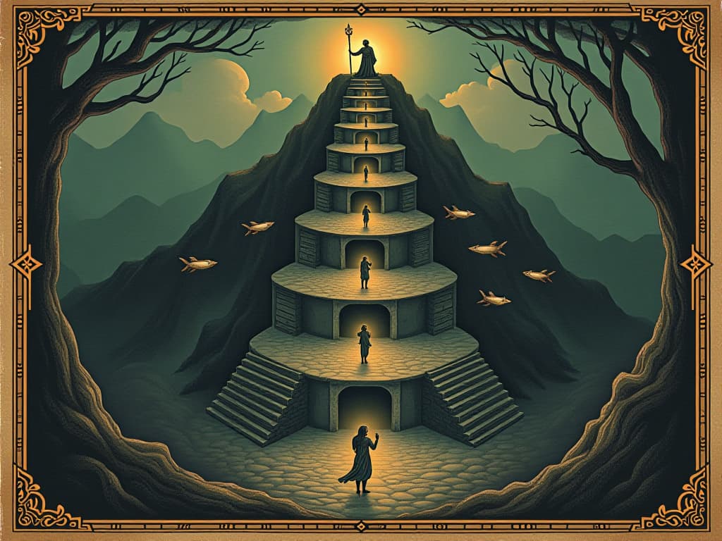  nine levels of mictlan, each level distinct, various terrains, ancient symbols, mystical and challenging atmosphere. an illustration in the style of a worn, mystical old tarot trump card, mysterious and elements of surrealism. the colors are muted, somber and eerie, but with contrast bring out an occult and esoteric vibe.