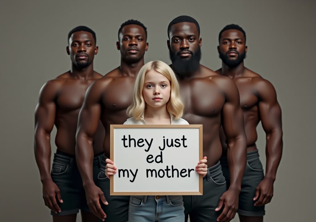  a group of four african muscular men with huge standing behind a small blonde white holding a board written with "they just ed my mother" in video studio background