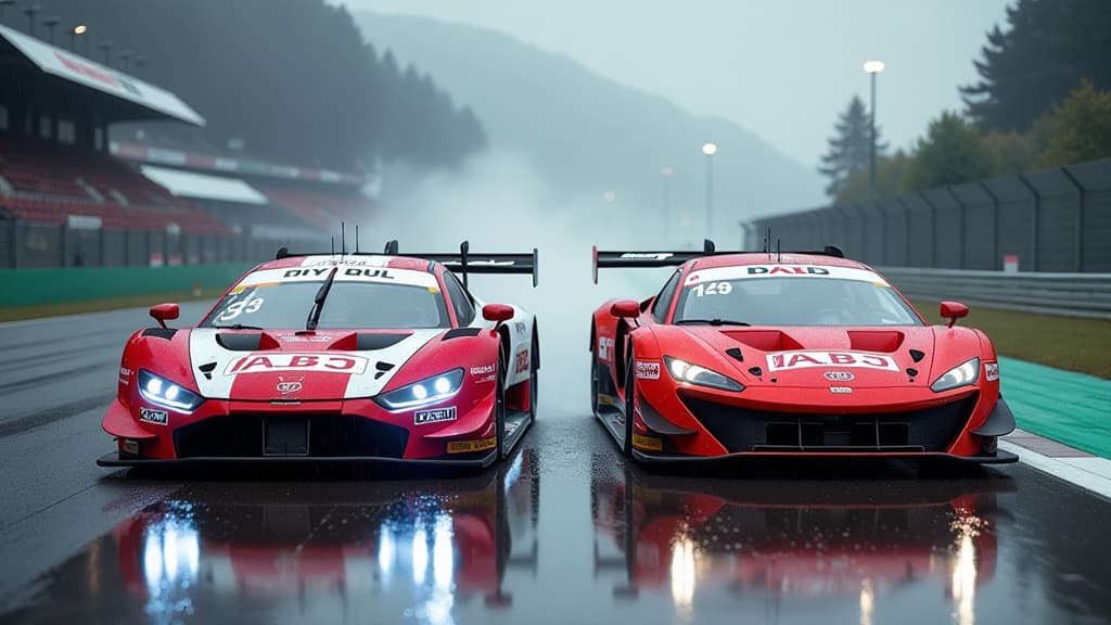  prompt: create a hyper realistic image showcasing the intense rivalry between mirko bortolotti and kelvin van der linde in the dtm spectacle. the composition should vividly depict a dramatic scene behind the scenes of a race, capturing van der linde's frustration and bortolotti's triumph. include key elements such as the abt audi and lamborghini vehicles prominently displaying their logos, a rain soaked track in spielberg to represent the challenging conditions, and a subtle representation of th