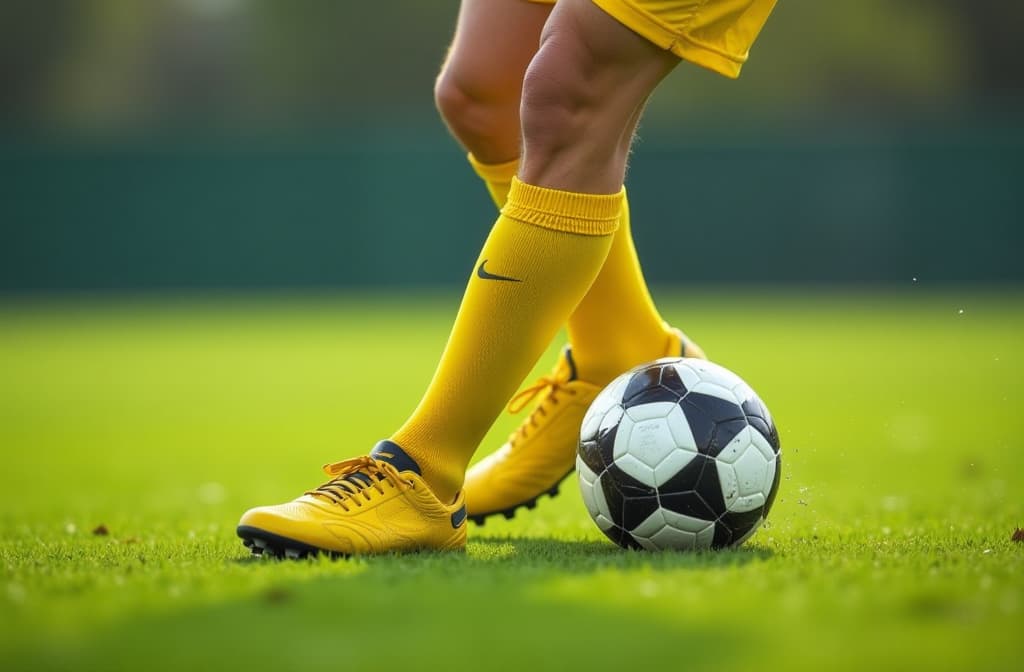  close up of cropped legs of soccer player in yellow boots kicking ball on soccer field ar 3:2 {prompt}, maximum details