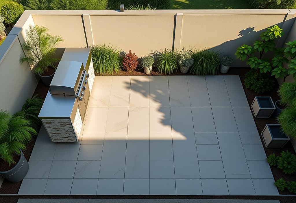  a landscape photo of a modern minimalist patio with a sleek stainless steel grill station, concrete flooring, and geometric planters, photographed from above with dramatic shadows hyperrealistic, full body, detailed clothing, highly detailed, cinematic lighting, stunningly beautiful, intricate, sharp focus, f/1. 8, 85mm, (centered image composition), (professionally color graded), ((bright soft diffused light)), volumetric fog, trending on instagram, trending on tumblr, HDR 4K, 8K